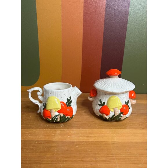 Arnels ceramic mushroom mushie sugar bowl and creamer cottagecore colourful - Picture 1 of 7